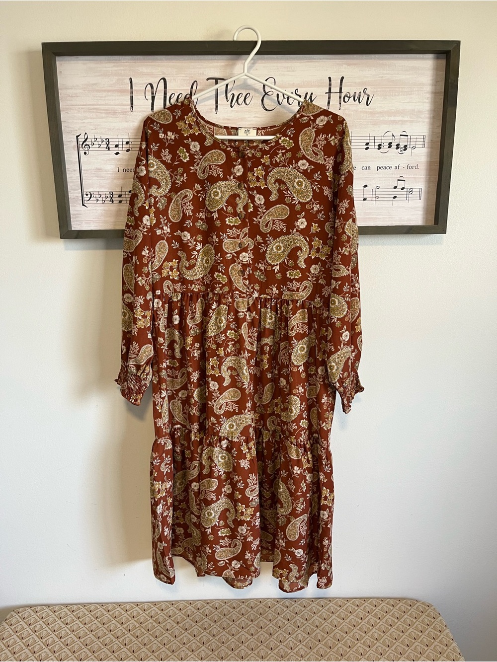 Rust Paisley Long-Sleeve Tiered Midi Dress